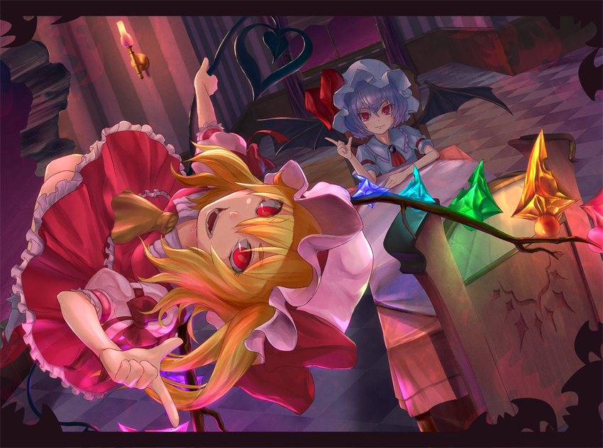 ascot bat_wings blonde_hair candle chair checkered checkered_floor crystal dutch_angle fangs flandre_scarlet flying glowing hat hat_ribbon indoors laevatein lavender_hair letterboxed mizuke_no_nai_tofu mob_cap multiple_girls open_mouth pointing pointing_up puffy_sleeves red_eyes remilia_scarlet ribbon shirt short_hair short_sleeves siblings side_ponytail sisters sitting skirt skirt_set smile table touhou vest wings