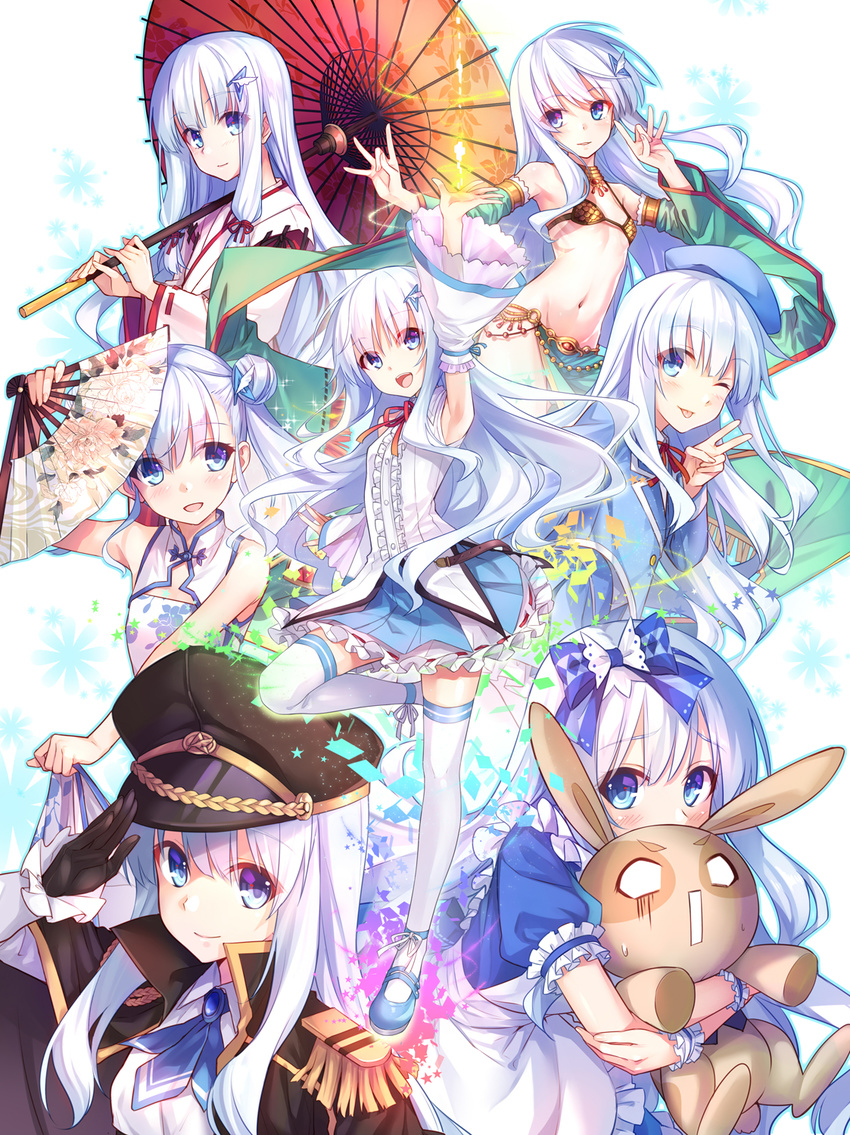 bikini_top blue_eyes china_dress chinese_clothes detached_sleeves dress gloves hat highres hika_(cross-angel) japanese_clothes kuuki_shoujo long_hair miko multiple_views navel one_eye_closed oriental_umbrella the_personification_of_atmosphere thighhighs umbrella white_hair