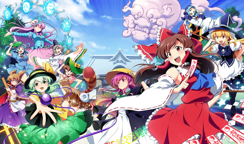 ascot bangs bell blonde_hair blue_eyes blue_hair bottle bow bowtie broom brown_eyes brown_hair brown_skirt cape day futatsuiwa_mamizou glasses gohei gradient_hair green_eyes green_hair green_skirt hair_bobbles hair_intakes hair_ornament hakurei_reimu hat hata_no_kokoro highres hijiri_byakuren hirococo hopeless_masquerade jewelry jingle_bell kawashiro_nitori key kirisame_marisa komeiji_koishi kumoi_ichirin leaf long_hair long_sleeves looking_at_viewer mask mononobe_no_futo multicolored_hair multiple_girls ofuda one_eye_closed outdoors outstretched_arms pink_eyes pink_hair pink_skirt plaid plaid_shirt pointy_hair puffy_short_sleeves puffy_sleeves purple_eyes purple_hair purple_skirt raccoon_tail red_skirt ring ritual_baton sake_bottle shirt short_hair short_sleeves skirt sky star tail tate_eboshi third_eye touhou toyosatomimi_no_miko two_side_up unzan very_long_hair wide_sleeves wrench