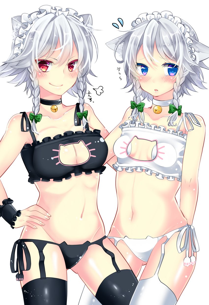 alternate_eye_color animal_ears atm_(artist) bell bell_choker black_legwear blue_eyes blush bow braid breast_padding cat_ear_panties cat_ears cat_lingerie choker cleavage_cutout collarbone dual_persona flying_sweatdrops garter_straps hair_bow highres izayoi_sakuya jingle_bell kemonomimi_mode looking_at_viewer maid_headdress meme_attire midriff multiple_girls navel open_mouth pads panties red_eyes short_hair side-tie_panties simple_background smile text_focus thighhighs touhou twin_braids underwear white_background white_legwear wrist_cuffs