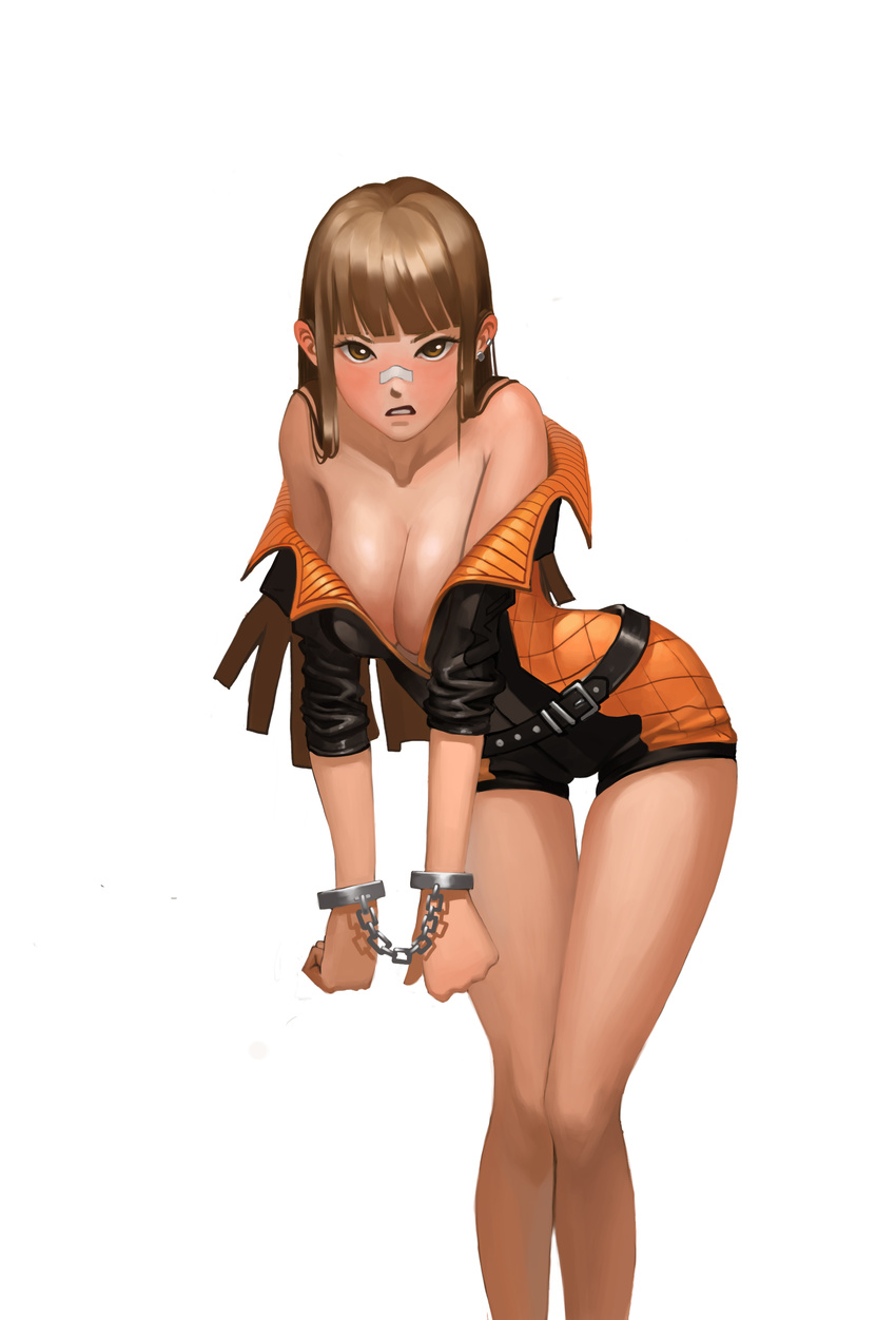 absurdres angry blush brawler_(dungeon_and_fighter) breasts brown_hair cleavage collarbone cuffs dungeon_and_fighter fighter_(dungeon_and_fighter) hanging_breasts highres hime_cut jayjiwoo_park large_breasts long_hair looking_at_viewer open_clothes restrained shorts simple_background solo white_background