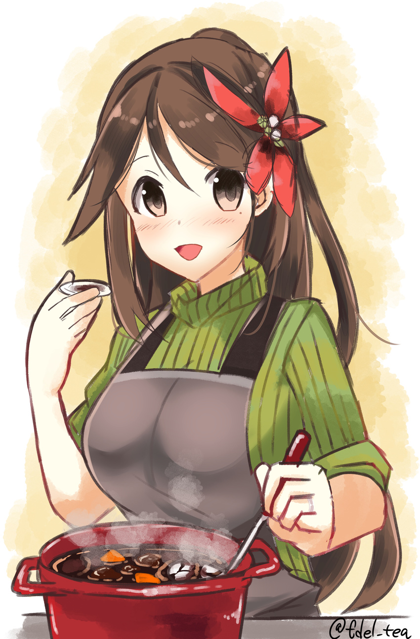 absurdres alternate_costume amagi_(kantai_collection) apron brown_eyes brown_hair commentary_request cooking edel_(edelcat) flower green_sweater hair_between_eyes hair_flower hair_ornament highres jewelry kantai_collection long_hair looking_at_viewer mole mole_under_eye open_mouth ponytail pot ribbed_sweater ring sleeves_rolled_up smile solo spoon steam stove sweater twitter_username