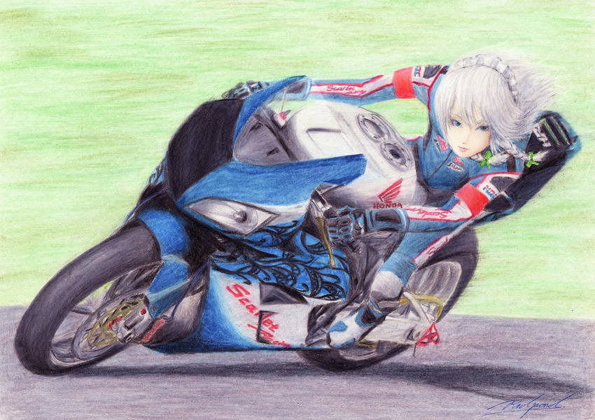 biker_clothes bikesuit blue_eyes colored_pencil_(medium) ground_vehicle honda izayoi_sakuya lips maid_headdress motor_vehicle motorcycle riding rpracing short_hair silver_hair solo touhou traditional_media