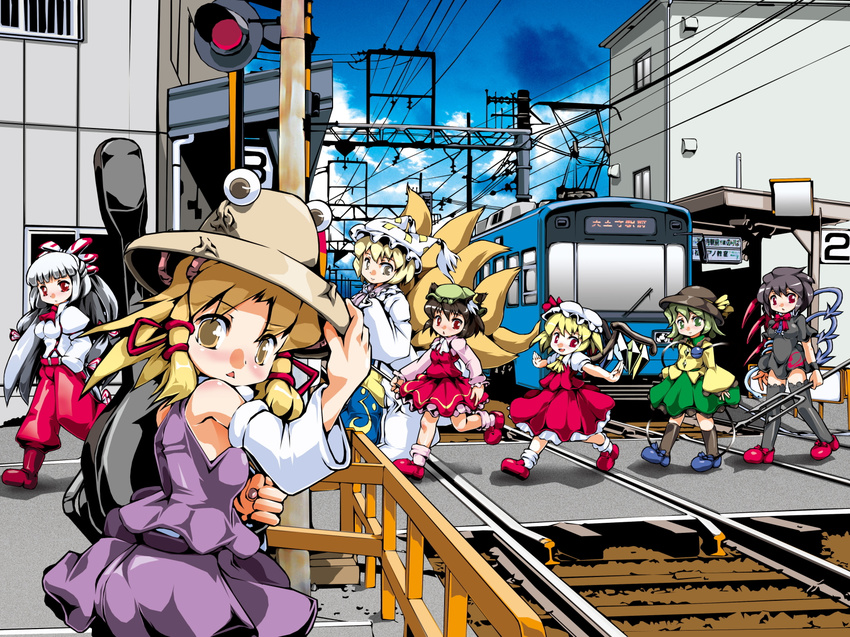 animal_ears blonde_hair blush brown_hair cat_ears chen dress extra_eyes flandre_scarlet fujiwara_no_mokou green_eyes ground_vehicle hat highres houjuu_nue komeiji_koishi long_sleeves looking_at_viewer mob_cap moriya_suwako multiple_girls multiple_tails nekomata overhead_line pantograph pole power_lines railroad_tracks real_world_location red_dress short_hair sukiyo tail touhou train two_tails walking yakumo_ran