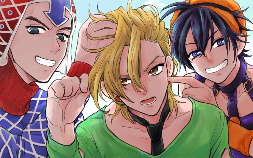 bad_id bad_tumblr_id black_eyes black_hair blonde_hair blue_sky brown_eyes cloud earrings grin guido_mista hairband hand_on_another's_head hat jewelry jojo_no_kimyou_na_bouken male_focus multiple_boys narancia_ghirga necktie nezumoto open_mouth pannacotta_fugo purple_eyes sky smile touching