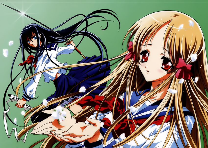 azuma_hatsumi azuma_hazuki highres long_hair multiple_girls official_art petticoat skirt skirt_lift slip_showing sword weapon yami_to_boushi_to_hon_no_tabibito