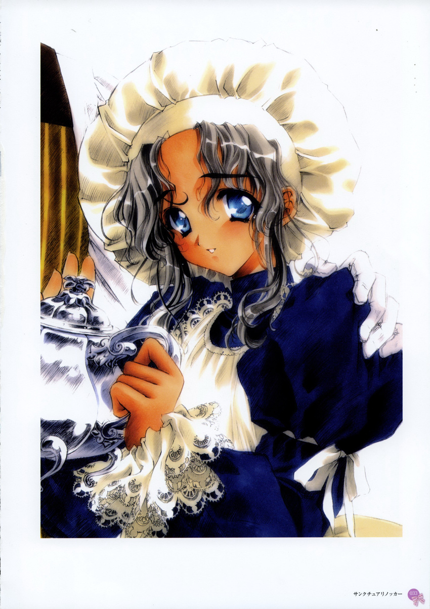 1girl absurdres apron blue_eyes carnelian detached_sleeves grey_hair hand_on_shoulder highres looking_at_viewer maid maid_apron maid_headdress smile teapot