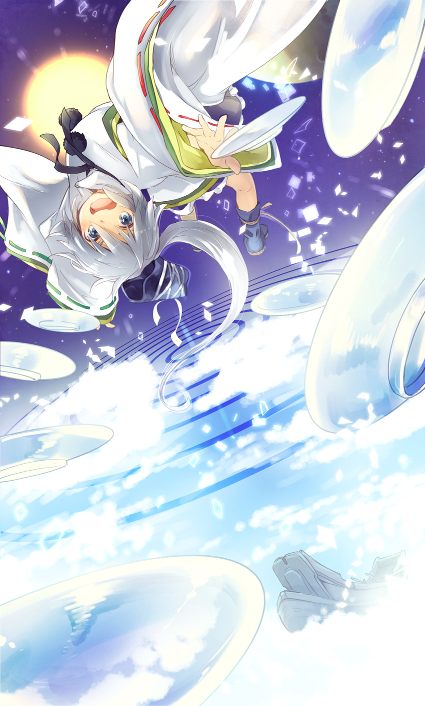 blue_eyes boat boots grey_hair hat highres japanese_clothes kariginu lace-trimmed_sleeves long_sleeves looking_at_viewer makuwauri mononobe_no_futo plate ponytail ribbon skirt smile solo sun tate_eboshi touhou upside-down watercraft wide_sleeves