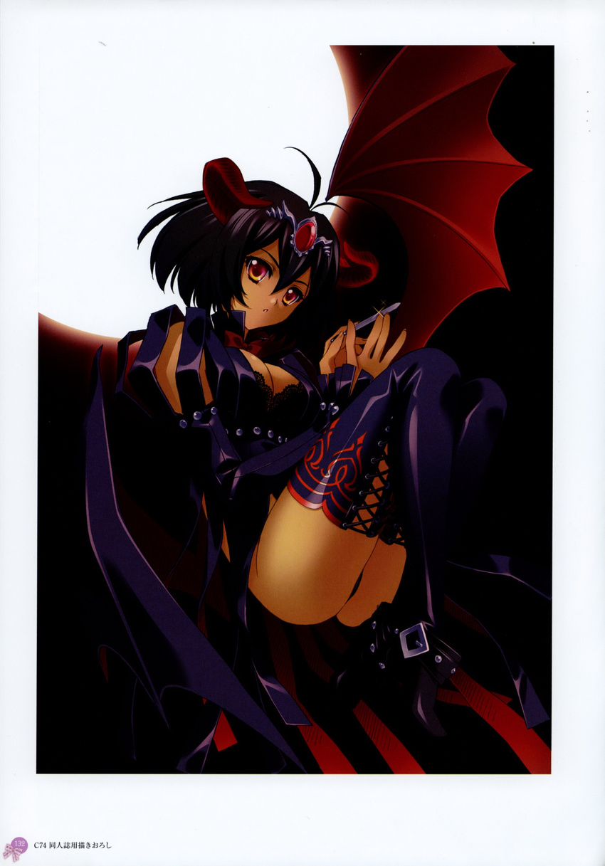 absurdres black_hair boots breasts carnelian cleavage dark_skin demon_girl demon_horns demon_wings gem highres horns jewelry looking_at_viewer medium_breasts nail_polish red_eyes red_ribbon ribbon short_hair sitting solo thigh_boots thighhighs tiara wings