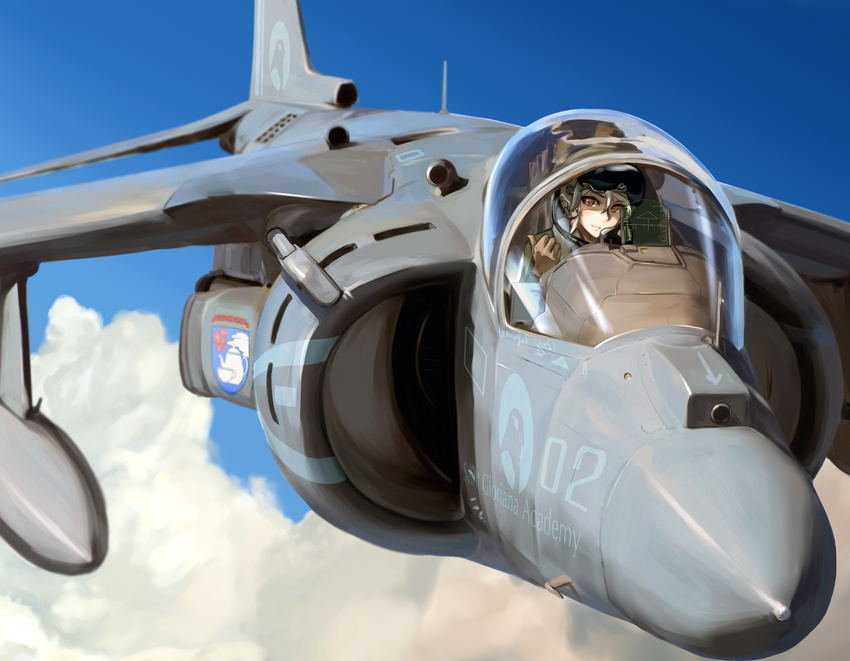 aircraft airplane cloud cloudy_sky commentary day emblem fighter_jet flying girls_und_panzer guihuo_inferno harrier_jump_jet helmet highres jet looking_at_viewer military military_vehicle original sky solo st._gloriana's_(emblem)