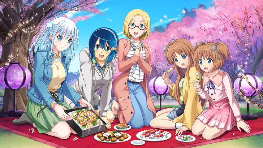:d aqua_eyes arm_support artist_request bangs blanket blonde_hair blouse blue_eyes blue_hair blue_jacket blue_sky box buttons cherry_blossoms claudia_madobe collared_shirt colorized dango day denim drawstring eating flower food food_request glasses green_skirt grey_footwear grey_legwear hair_ribbon hair_rings hairband hanami hands_together highres holding holding_food hood hood_down horizontal_stripes jacket jeans jewelry kneeling lamp leaning_forward long_jacket long_sleeves lotus_root madobe_ai madobe_nanami madobe_tooko madobe_yuu microsoft multiple_girls necklace no_shoes on_ground open_clothes open_jacket open_mouth os-tan outdoors pants park picnic pink_blouse pink_jacket pink_skirt plate red-framed_eyewear ribbon sanshoku_dango seiza semi-rimless_eyewear shirt shoes short_hair shorts shrimp sitting skewer skirt sky smile socks source_request striped striped_shirt striped_skirt sushi tree unbuttoned under-rim_eyewear v-shaped_eyebrows vertical-striped_skirt vertical_stripes wagashi wariza white_legwear windows windows_10 windows_7 windows_8 yellow_jacket yellow_shirt