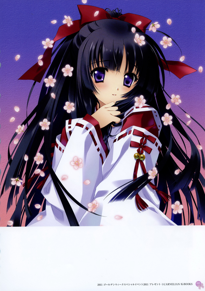 absurdres bell blue_eyes blush carnelian detached_sleeves flower hair_ribbon highres japanese_clothes jingle_bell long_hair long_sleeves looking_at_viewer miko parted_lips petals ponytail red_ribbon ribbon ribbon-trimmed_sleeves ribbon_trim smile solo very_long_hair
