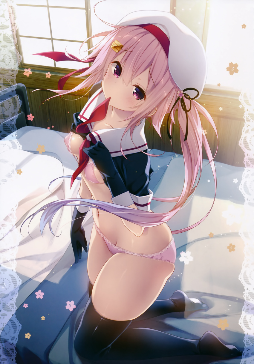 absurdres ass banned_artist beret black_gloves black_legwear blush bra breasts cameltoe covered_nipples floral_background gloves gradient_hair hair_ribbon harusame_(kantai_collection) hat highres kantai_collection kneeling konomi_(kino_konomi) lace lace-trimmed_bra lace-trimmed_panties long_hair looking_at_viewer mouth_hold multicolored_hair navel no_pants on_bed panties pink_bra pink_eyes pink_hair pink_panties purple_hair ribbon school_uniform serafuku shirt_in_mouth shirt_lift side_ponytail skindentation small_breasts solo strap_gap thighhighs underwear