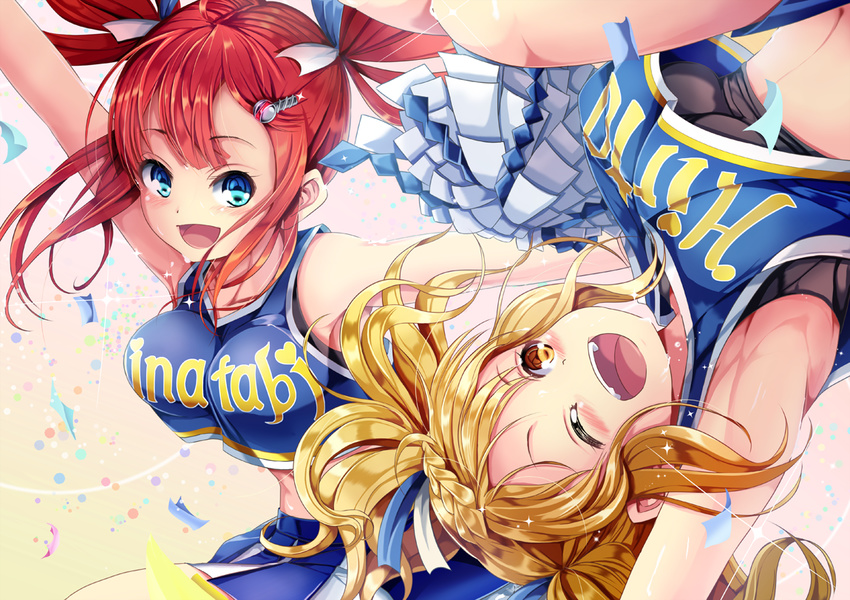 :d ;d arm_up armpits bare_shoulders blonde_hair blue_eyes bouncing_breasts braid breasts cheerleader clothes_writing confetti crop_top hair_ornament hairclip hinabita hopper izumi_ibuki long_hair looking_at_another medium_breasts multiple_girls one_eye_closed open_mouth pom_poms red_hair shinonome_natsuhi skirt smile sports_bra twintails upside-down yellow_eyes