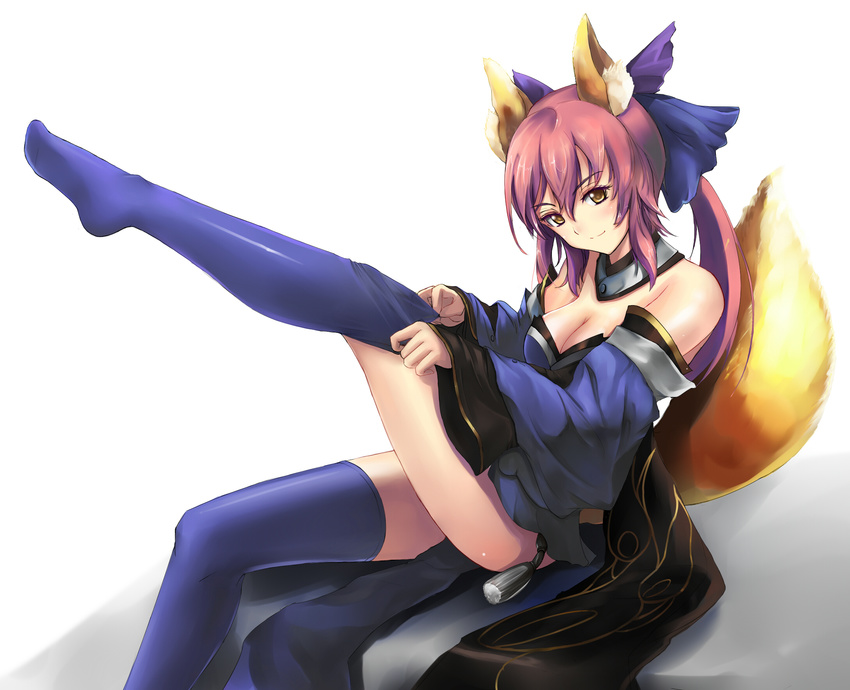 aliasing animal_ears breasts caster_(fate/extra) cleavage demonk dressing fate/extra fate/stay_night foxgirl pink_hair tail thighhighs yellow_eyes