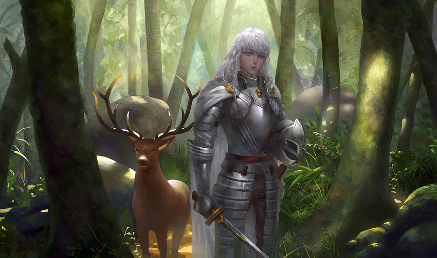 animal antlers armor berserk blue_eyes breastplate cape deer faulds feihuanjiang forest gauntlets griffith headwear_removed helm helmet helmet_removed highres holding holding_helmet holding_sword holding_weapon lips long_hair looking_at_viewer male_focus moss nature outdoors plate_armor rock shade silver_hair solo sunlight sword tree tree_shade wavy_hair weapon white_hair