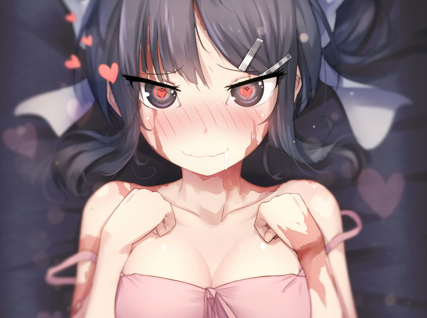 bai_yemeng black_hair blush bow breasts cleavage cropped dorei_to_no_seikatsu gray_eyes heart scar sylvie