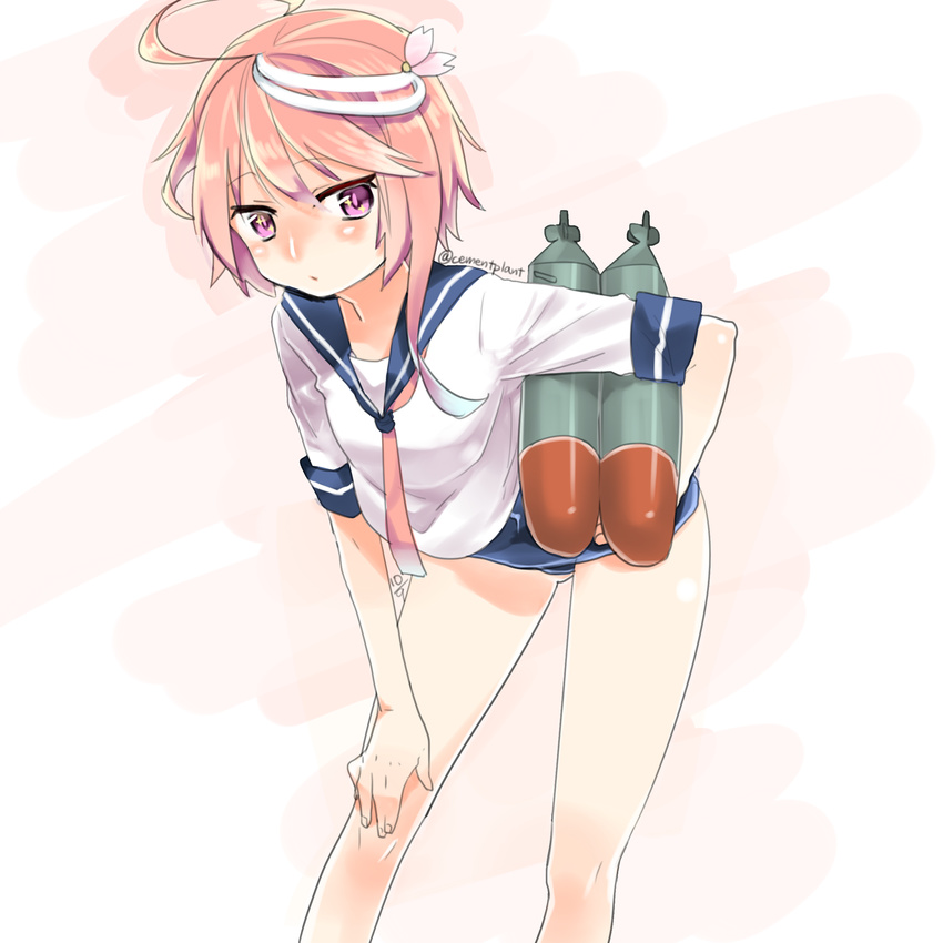 absurdres ahoge hair_ornament highres i-58_(kantai_collection) kantai_collection looking_at_viewer pink_eyes pink_hair school_swimsuit school_uniform serafuku short_hair solo swimsuit swimsuit_under_clothes torpedo totobuki twitter_username