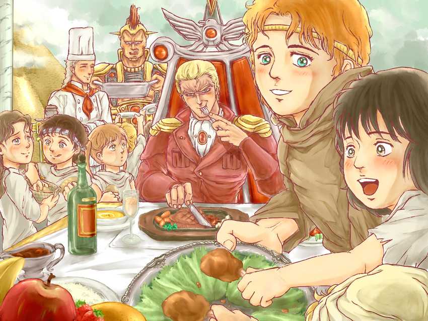 5boys apple armor arms_up banana basket belga_(hokuto_no_ken) blonde_hair blush bread buffet carrot chicken_leg child closed_eyes cloud cook cup day eating facial_mark food forehead_mark fork formal fruit headband highres hokuto_no_ken jewelry knife lifting looking_at_viewer looking_away looking_down looking_up multiple_boys multiple_girls neckerchief nisejuuji open_mouth orange_hair plate pyramid rem_(hokuto_no_ken) rice salad sauce shiva_(hokuto_no_ken) short_hair shoulder_pads sitting smile soldier soup souther steak strawberry table throne tomato turban twintails