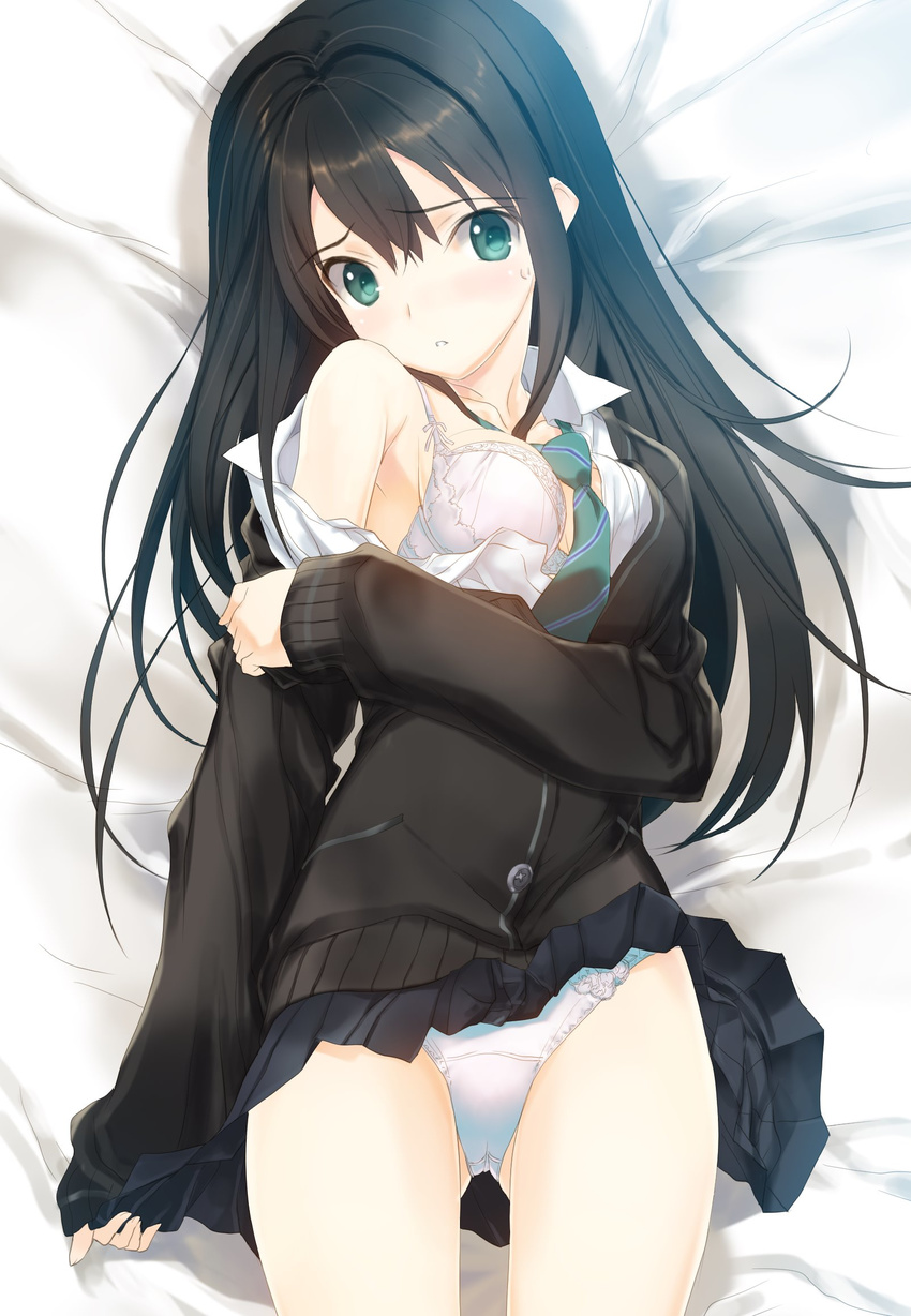 ass_visible_through_thighs black_hair bra cardigan cowboy_shot green_eyes highres idolmaster idolmaster_cinderella_girls long_hair lying nakamura_takeshi necktie off_shoulder on_back panties parted_lips pleated_skirt school_uniform shibuya_rin skirt skirt_lift sleeves_past_wrists solo sweatdrop underwear undressing white_bra white_panties