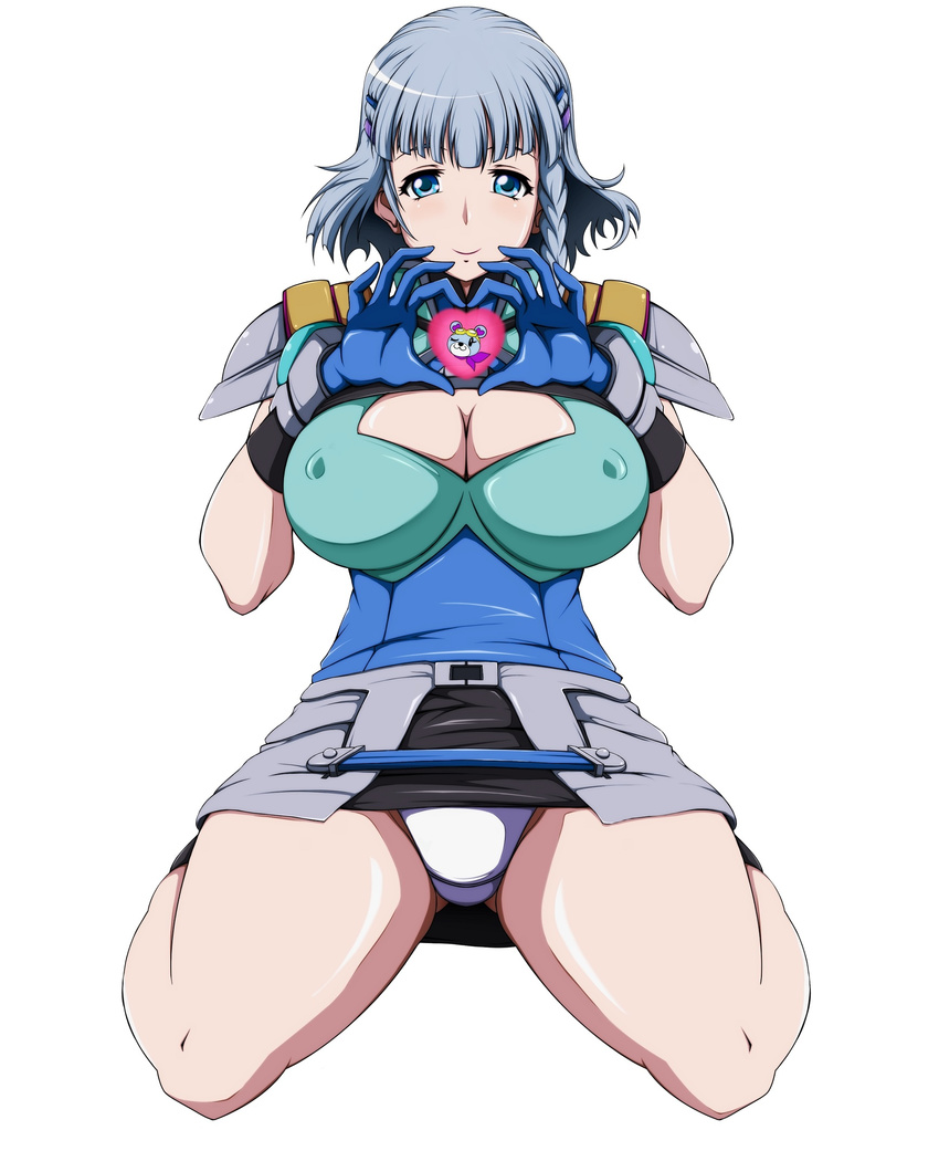 arajin_(arazinz) blue_eyes breasts cleavage covered_nipples gloves heart highres large_breasts long_hair panties seolla_schweizer silver_hair simple_background sitting solo super_robot_wars thighs underwear wariza white_background white_panties
