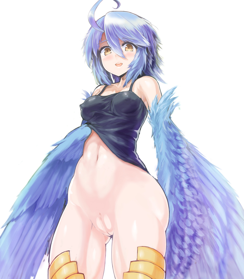 absurdres ahoge ass_visible_through_thighs blue_hair blue_wings bottomless breasts clitoris covered_nipples cowboy_shot feathered_wings feathers harpy highres kawasumi_(tk2k_jade) monster_girl monster_musume_no_iru_nichijou navel open_mouth papi_(monster_musume) pussy simple_background small_breasts solo uncensored white_background wings yellow_eyes