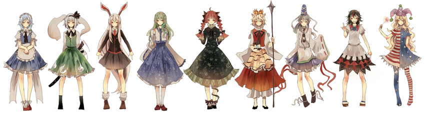 =_= absurdres american_flag_dress american_flag_legwear animal_ears animal_print apron bishamonten's_pagoda black_hair blonde_hair blush bow braid bunny_ears cat_ears chicheng_guang clownpiece detached_sleeves dress frog_hair_ornament full_body gohei green_hair grey_hair grin hair_bow hair_ornament hair_tubes hairband hat highres hitodama hollow_eyes horns izayoi_sakuya jacket japanese_clothes jester_cap kaenbyou_rin katana kemonomimi_mode kijin_seija kochiya_sanae konpaku_youmu konpaku_youmu_(ghost) lavender_hair long_hair long_sleeves looking_at_viewer middle_finger miko mononobe_no_futo multicolored_hair multiple_girls necktie pantyhose polearm ponytail print_legwear puffy_sleeves red_hair reisen_udongein_inaba ribbon shawl shirt short_hair short_sleeves silver_hair simple_background skirt skirt_set smile snake_hair_ornament socks spear stage_connection star striped sword tate_eboshi tiger_ears tiger_print tongue tongue_out toramaru_shou touhou twin_braids very_long_hair vest waist_apron weapon white_background white_legwear wide_sleeves