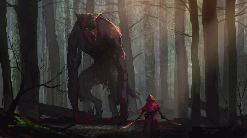 animal blood forest hoodie kaatoso little_red_riding_hood red_riding_hood sword tree weapon wolf wolf_(red_ridinghood)