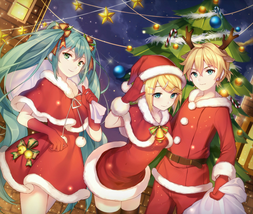 animal_ears aqua_hair blonde_hair christmas green_eyes hat hatsune_miku kagamine_len kagamine_rin long_hair male qingshui_ai santa_costume santa_hat short_hair thighhighs twintails vocaloid