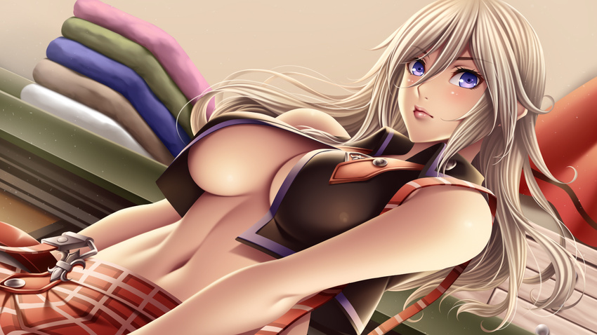 alisa_ilinichina_amiella blonde_hair blue_eyes breasts god_eater izayoi_kaname long_hair open_shirt underboob