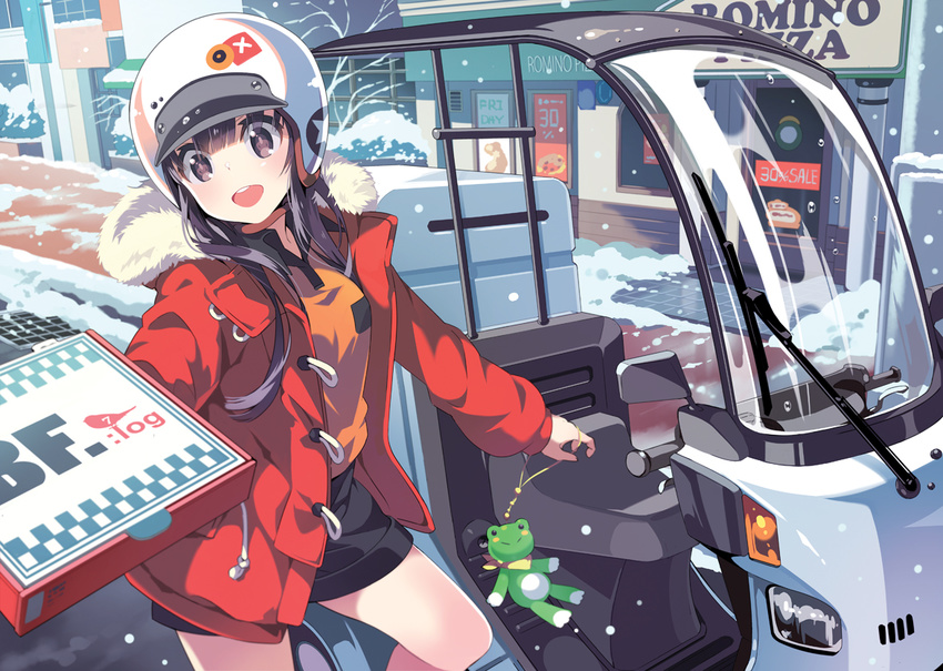 aliasing bf._(sogogiching) brown_eyes brown_hair food hat hoodie motorcycle original shorts snow