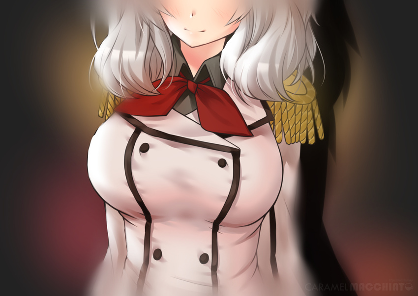 breast_grab gray_hair kantai_collection kashima_(kancolle) long_hair macchiato uniform watermark