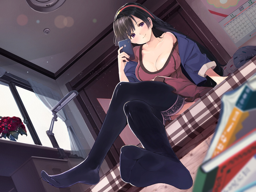 aliasing bed black_hair book breasts cleavage dress goiro_(doukutsuwa) headband long_hair original phone purple_eyes thighhighs