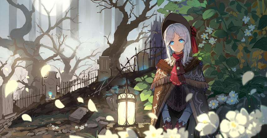 aqua_eyes bloodborne flowers forest gloves haraguroi_you hat headdress leaves lolita_fashion necklace scarf short_hair the_doll tree white_hair
