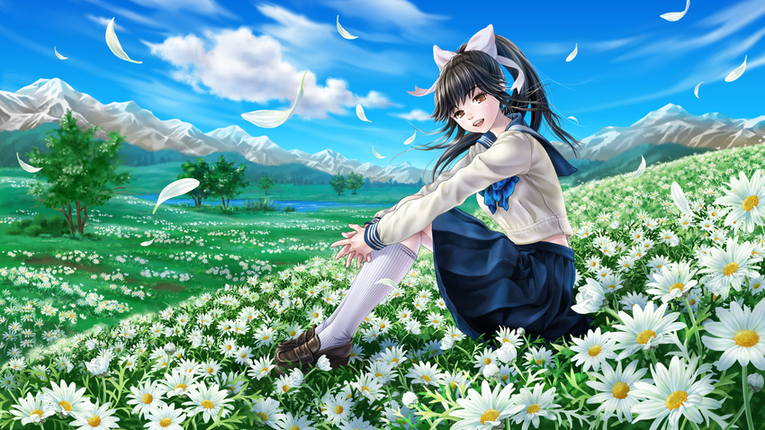 black_hair bow clouds flowers fujita_(sodasuitunes) grass kneehighs landscape long_hair love_plus petals ponytail scenic seifuku skirt sky takane_manaka tree