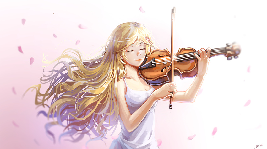 blonde_hair breasts cleavage instrument minhoo miyazono_kawori petals shigatsu_wa_kimi_no_uso signed violin