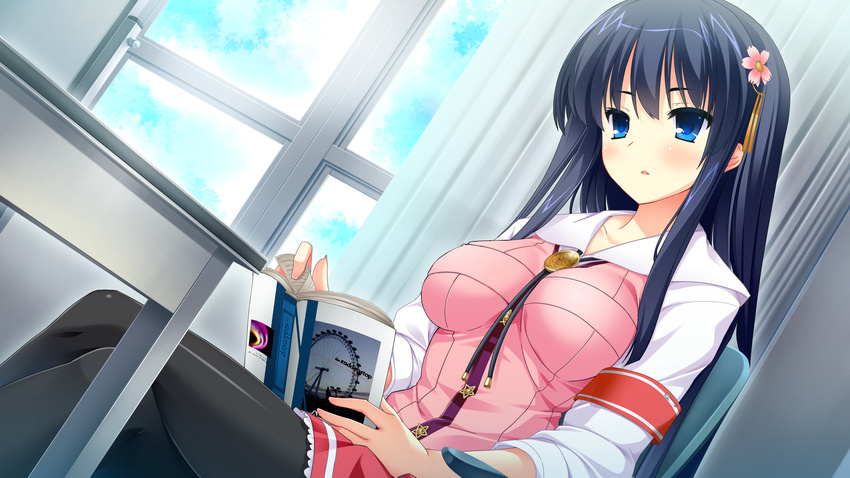 black_hair blue_eyes book chuablesoft game_cg long_hair lovera_bride mikami_haruka mutou_kurihito pantyhose seifuku