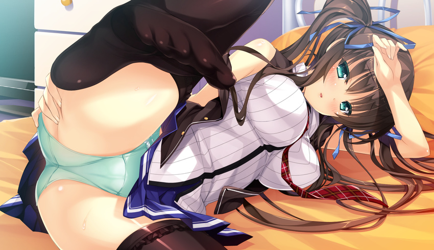 aqua_eyes ashishun blush brown_hair game_cg marmalade panties ponytail primal_x_hearts_2 skirt tatebayashi_tateha thighhighs twintails underwear