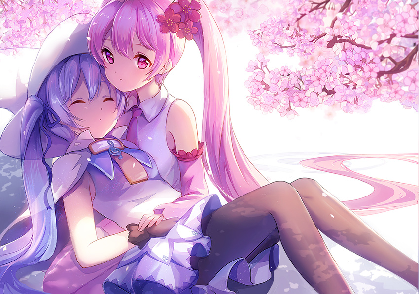 2girls blue_hair cape cherry_blossoms flowers gloves hat hatsune_miku long_hair pantyhose pink_eyes pink_hair sakura_miku skirt sleeping stellarism twintails vocaloid witch_hat yuki_miku