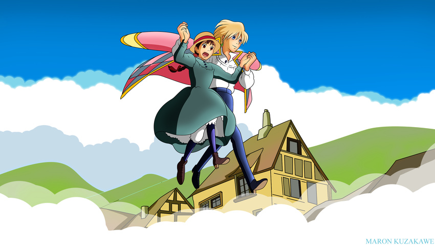 blonde_hair building clouds dress ghibli hat howls_moving_castle kuzakawe_maron male sophie_hatter