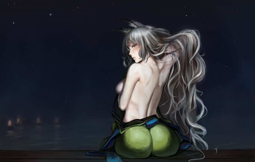 animal_ears ass blue_eyes breast_hold breasts foxgirl gray_hair long_hair night noccu oboro_muramasa stars topless yuzuruha