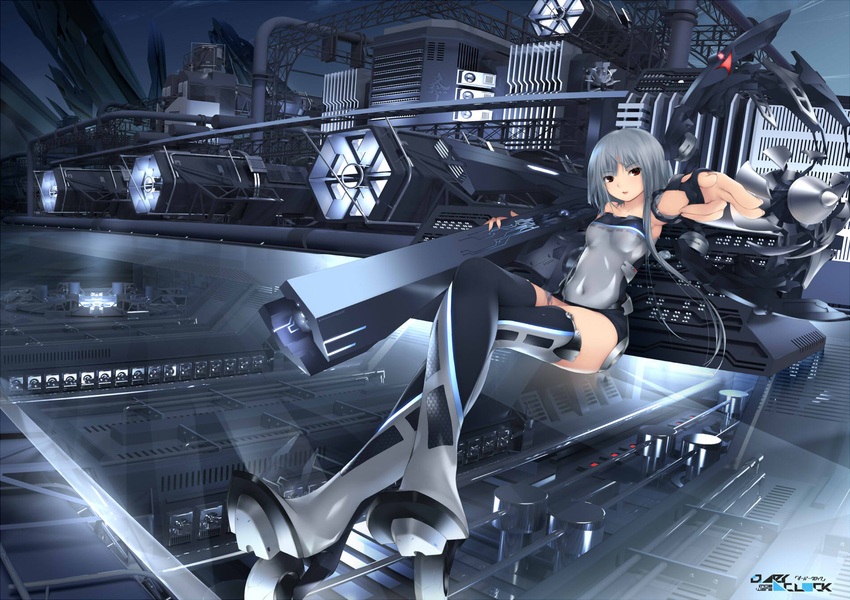 bodysuit boots brown_eyes gloves gray gray_hair industrial jpeg_artifacts kopianget mechagirl original polychromatic thighhighs translation_request weapon