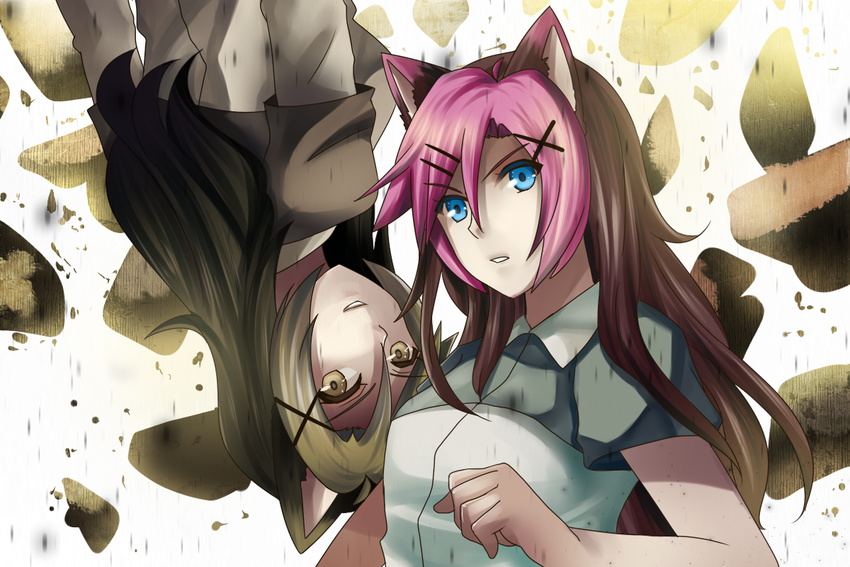 2girls animal_ears blue_eyes catgirl felicia-val green_hair gumi hoshine_stella mosaic_roll_(vocaloid) pink_hair utau vocaloid yellow_eyes