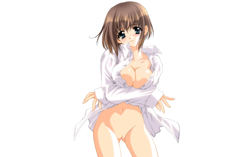 blue_eyes breast_hold breasts brown_hair carnelian cleavage naked_shirt navel open_shirt photoshop pussy shirt short_hair uncensored white