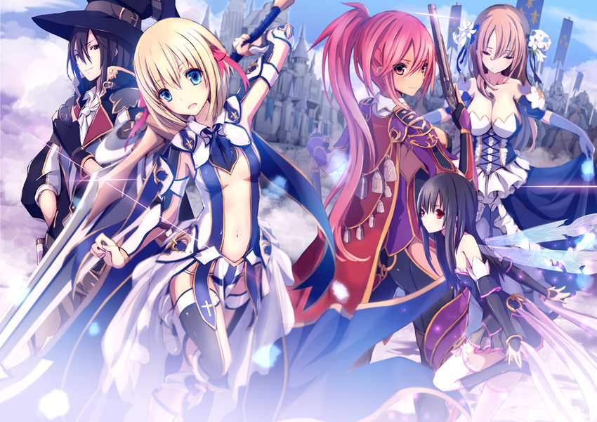4girls :d astaroth_(ulysses) bad_id bad_pixiv_id bare_shoulders black_eyes black_gloves black_hair black_skirt blonde_hair blue_eyes breasts brown_hair cape castle charlotte_de_valois cleavage commentary_request detached_sleeves dress dress_lift elbow_gloves fairy_wings fingerless_gloves flower gloves gun hair_flower hair_ornament hat holding holding_gun holding_sword holding_weapon jeanne_d'arc_(ulysses) la_hire_(ulysses) large_breasts long_hair looking_at_viewer merontomari montmorency_(ulysses) multiple_girls musket navel open_mouth pink_hair pleated_skirt ponytail red_cape red_eyes skirt small_breasts smile sword tan ulysses_jeanne_d'arc_to_renkin_no_kishi weapon wings witch_hat