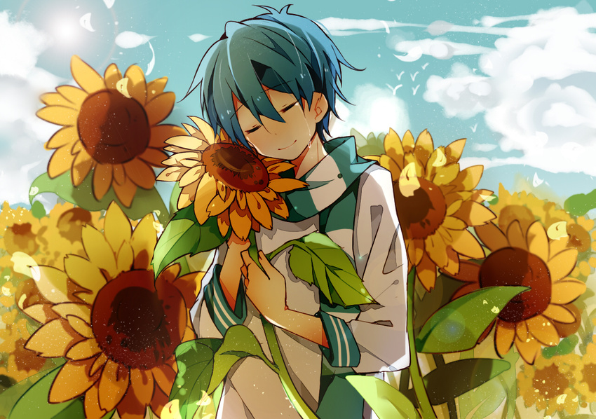 all_male blue_hair flowers fuuko_(2679566944) kaito male scarf sunflower tears vocaloid