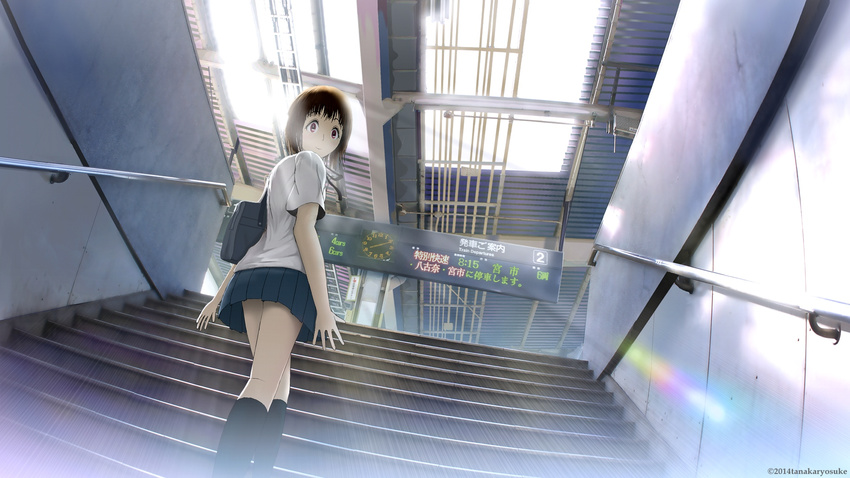 brown_eyes brown_hair kneehighs original seifuku short_hair skirt stairs tanaka_ryosuke translation_request watermark