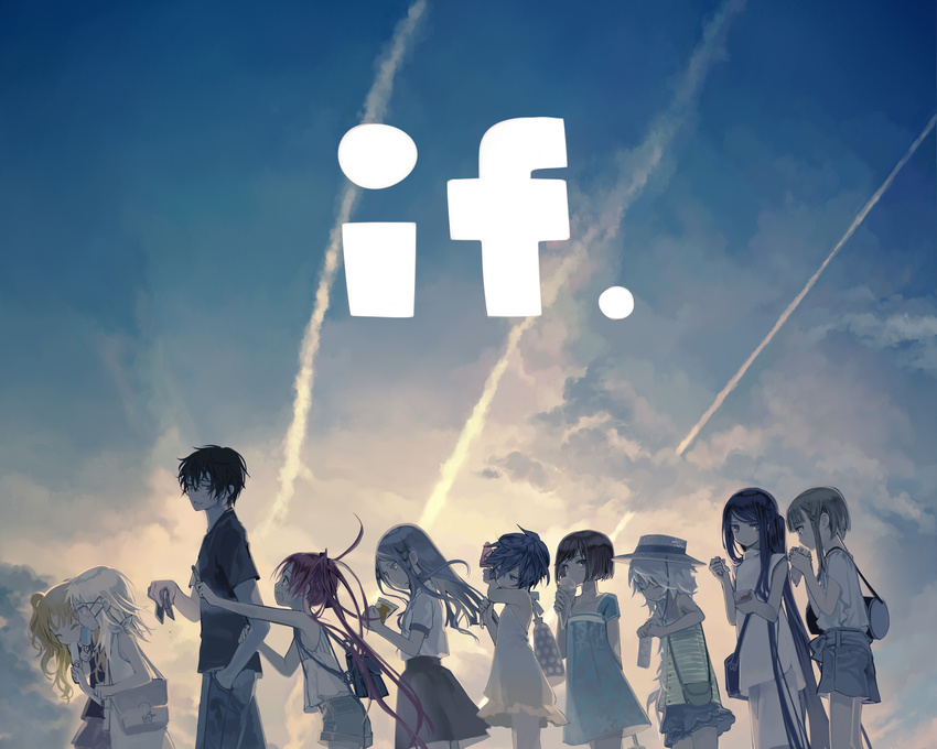 aihara_enju black_bullet black_hair blonde_hair brown_hair clouds cropped dress food fuse_midori gray_hair group hat hiruko_kohina ice_cream katagiri_yuzuki kouro_hotaru long_hair male mibu_asaka popsicle red_hair satomi_rentarou senju_kayo short_hair shorts skirt sky taiyaki tina_sprout ukai_saki white_hair