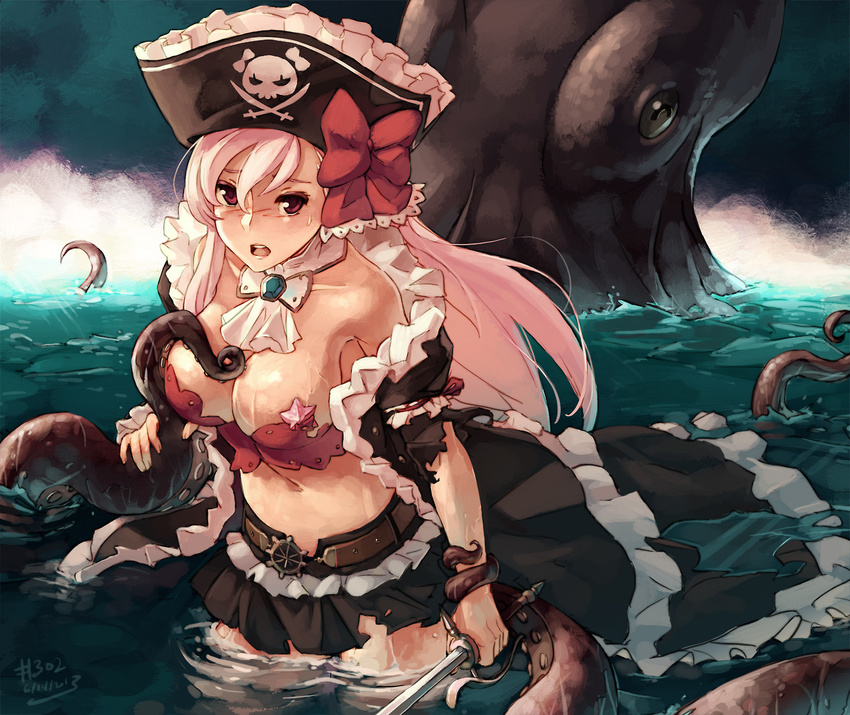 animal blush bow breasts captain_liliana cleavage collar hat jpeg_artifacts junkpuyo long_hair navel pirate queen's_blade queen's_blade_rebellion red_eyes signed skirt sword tentacles torn_clothes water weapon wet white_hair