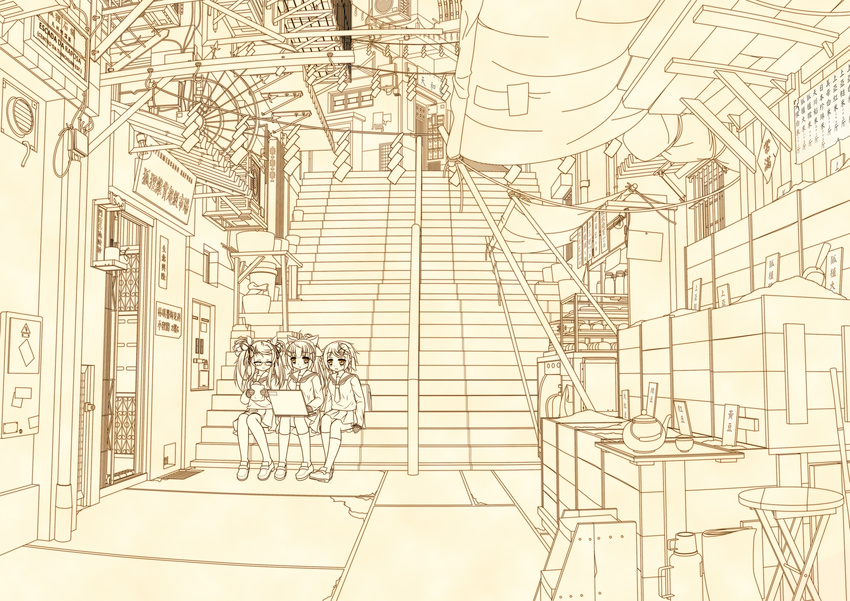 building city computer glasses kneehighs long_hair monochrome ponytail seifuku shiro_dai_kitsune short_hair sketch stairs twintails